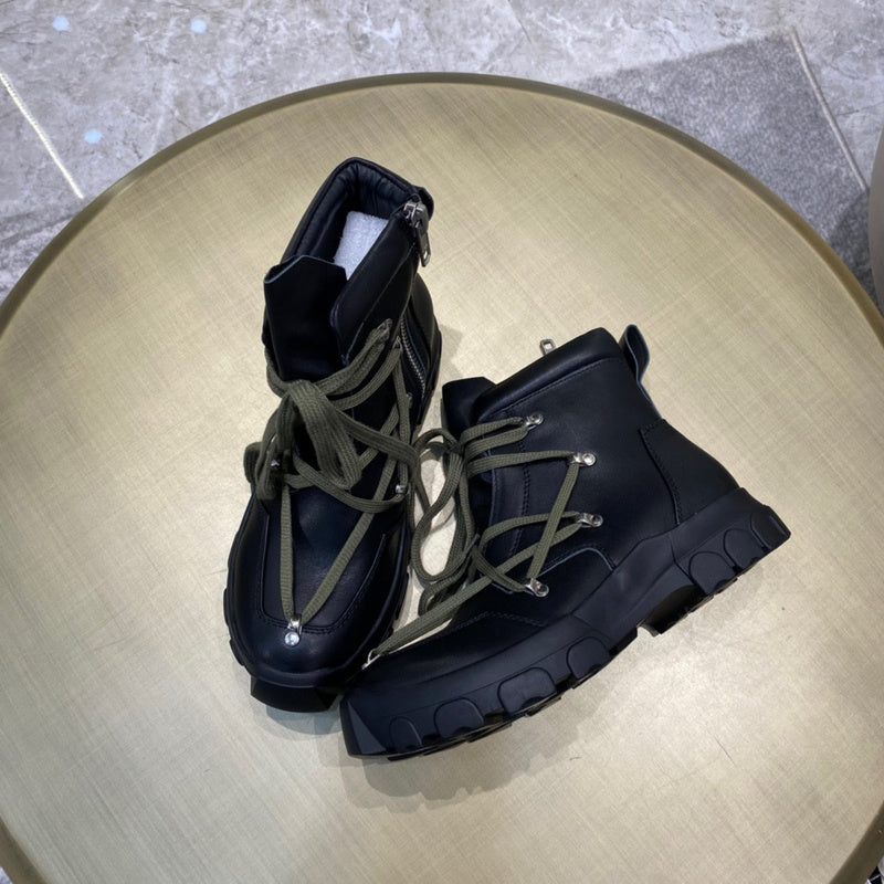 Rick Owens Combat Boots - Black Leather with Olive Laces