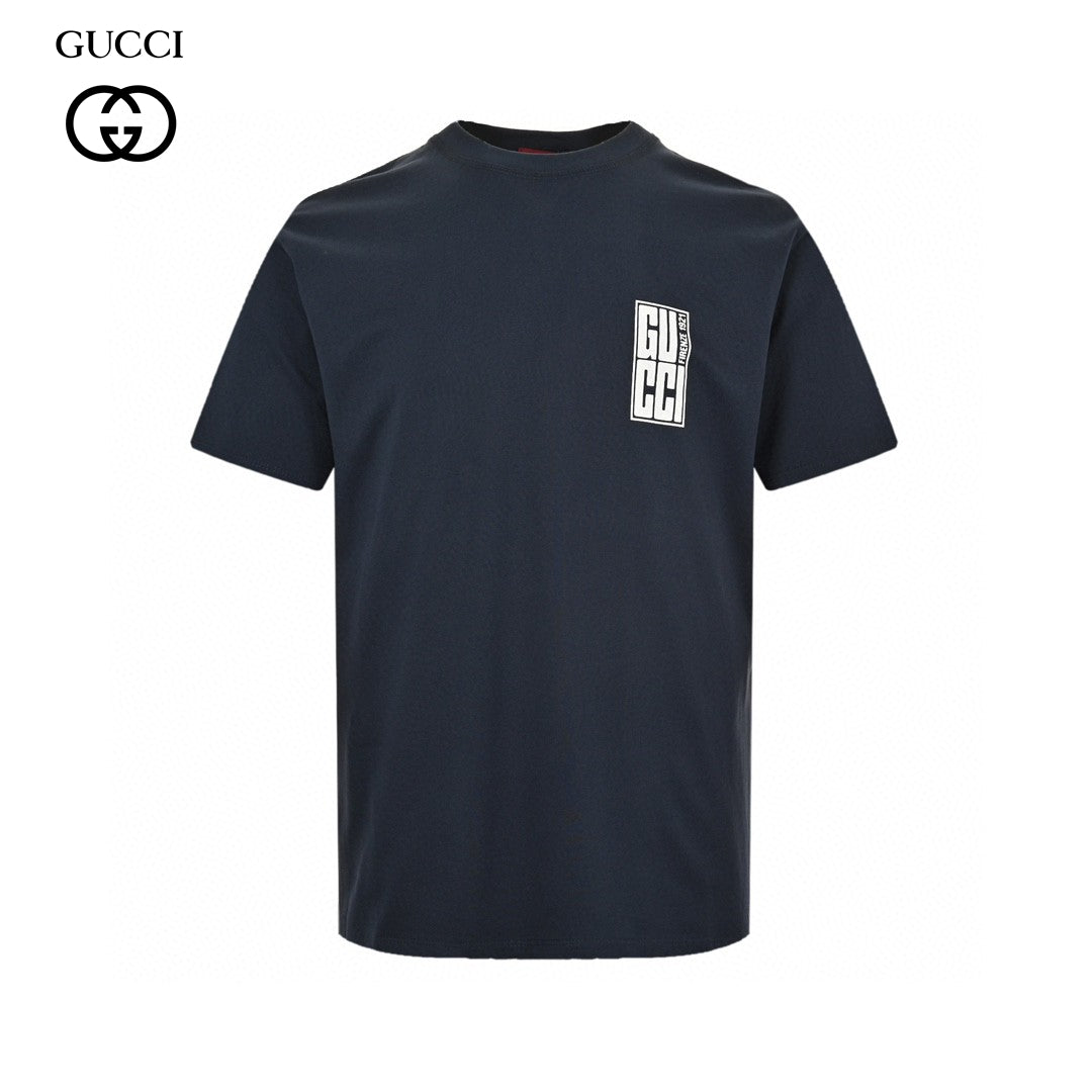 Gucci Navy Blue T-Shirt with Vertical Logo Patch