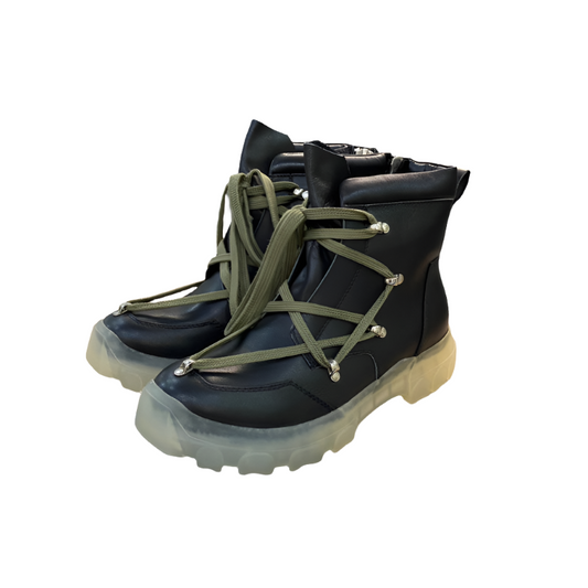 Rick Owens Combat Boots - Black Leather with Olive Laces and Translucent Sole